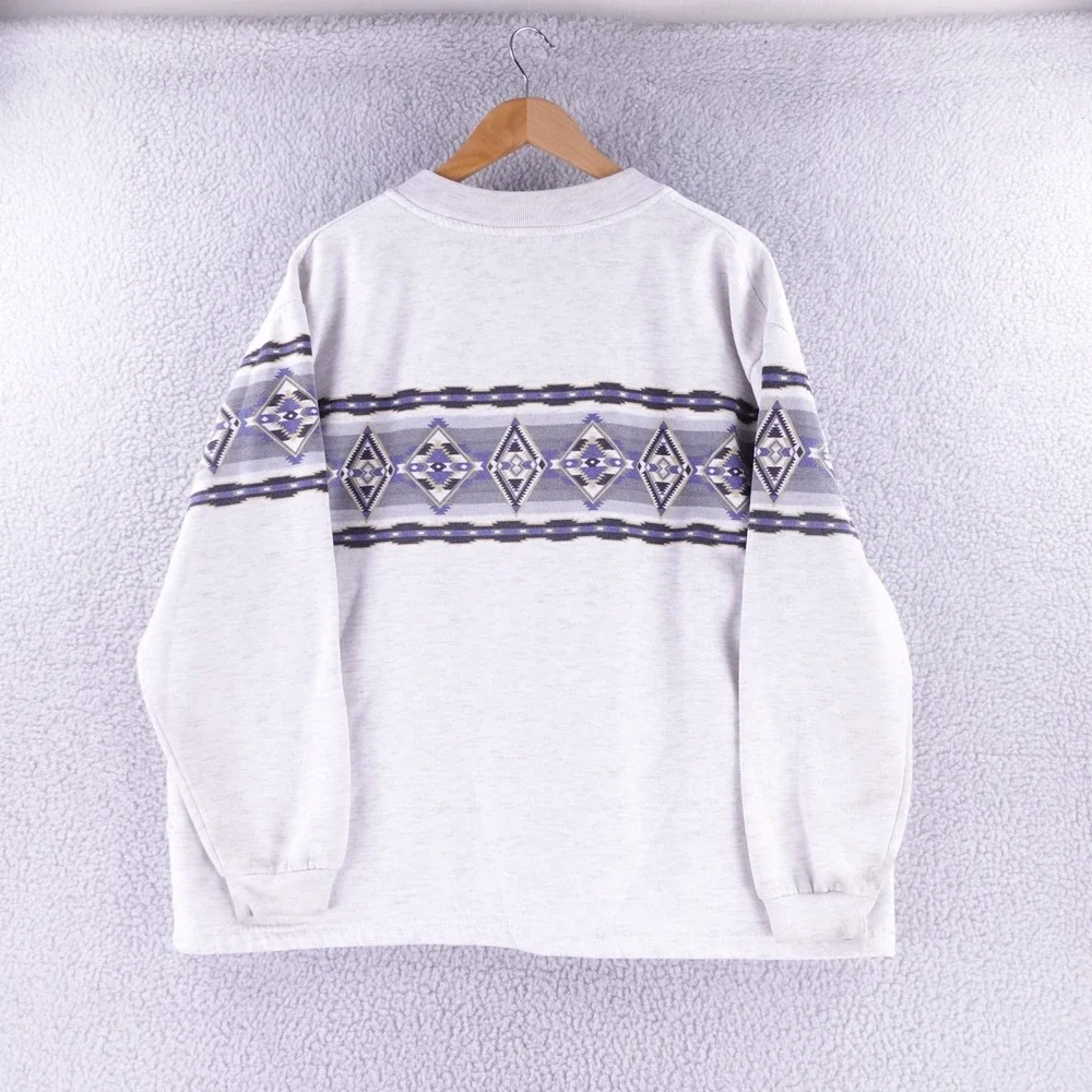 Vintage Southwestern Button‎ Front Sweatshirt Heather Grey Tribal Blue Mens XL